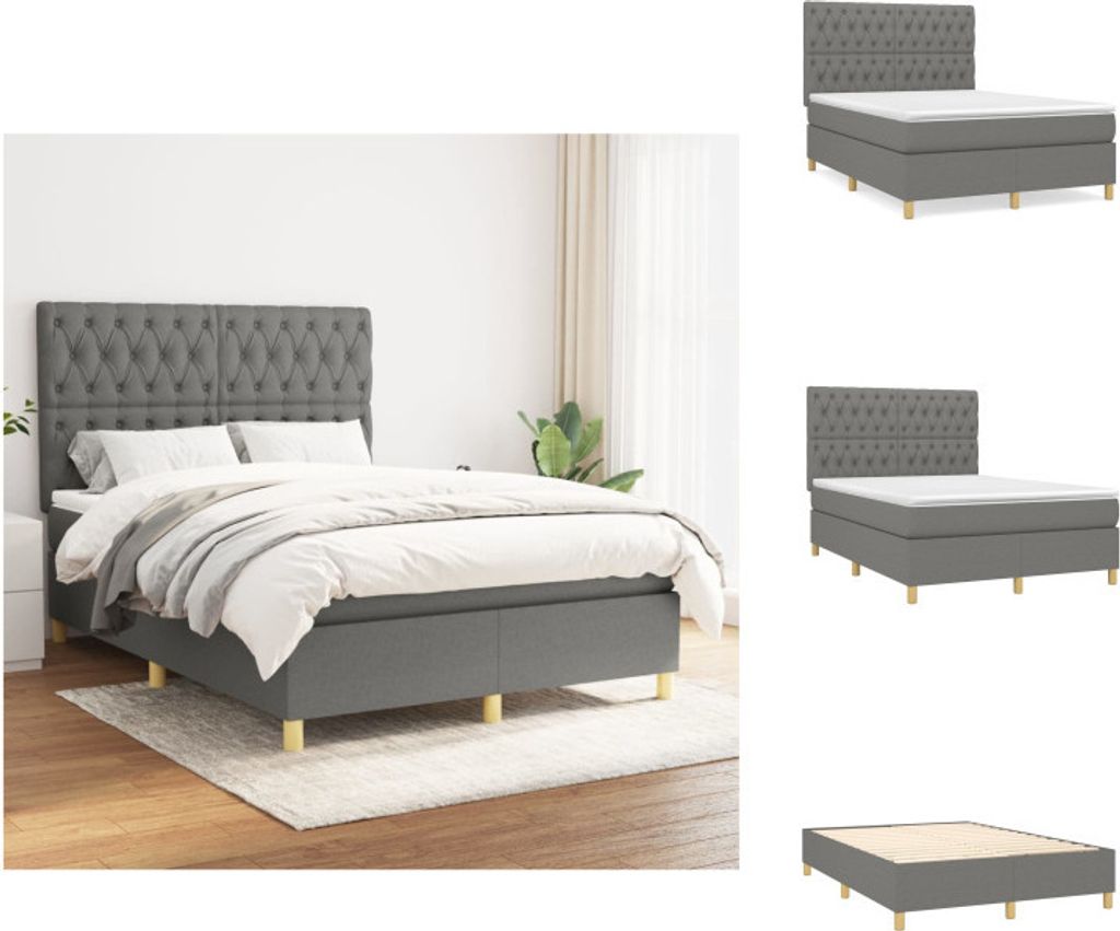 vidaXL Boxspringbett mit Matratze Dunkelgrau 140x200 cm Stoff - Betten & Bettgestelle
