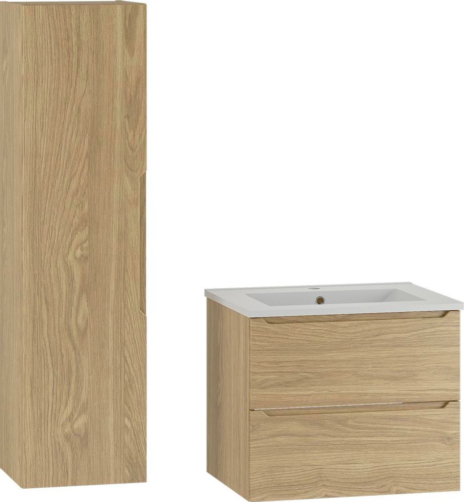 Waschtisch und Hängesäule 60cm Viggo mit 2 Schubladen, Holzoptik