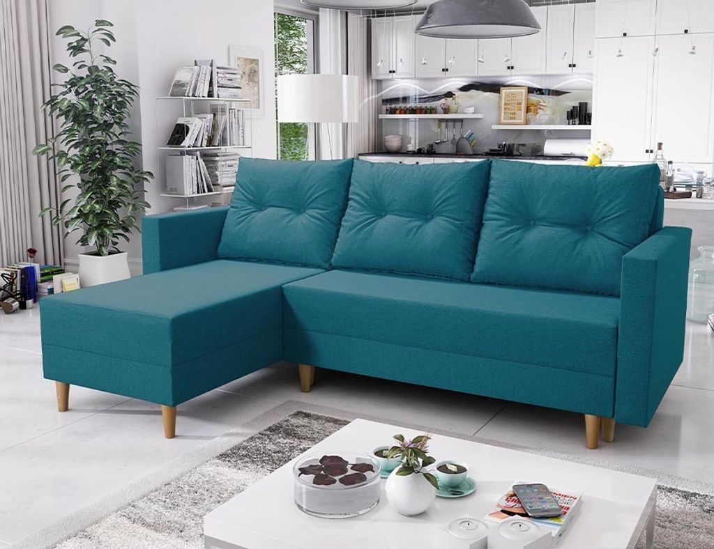 Easy4You Ecksofa Ivar Türkis L-Form – 230x93x145 cm - Schlafsofa mit Bettkasten und Schlaffunktion - Eckcouch mit Stauraum und Holzfüße, Kisse...