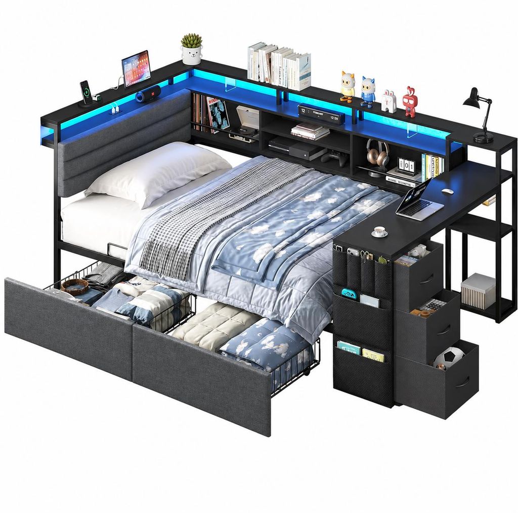Lit de jeunesse AODEMOKO avec éclairage LED et station de Image du produit 