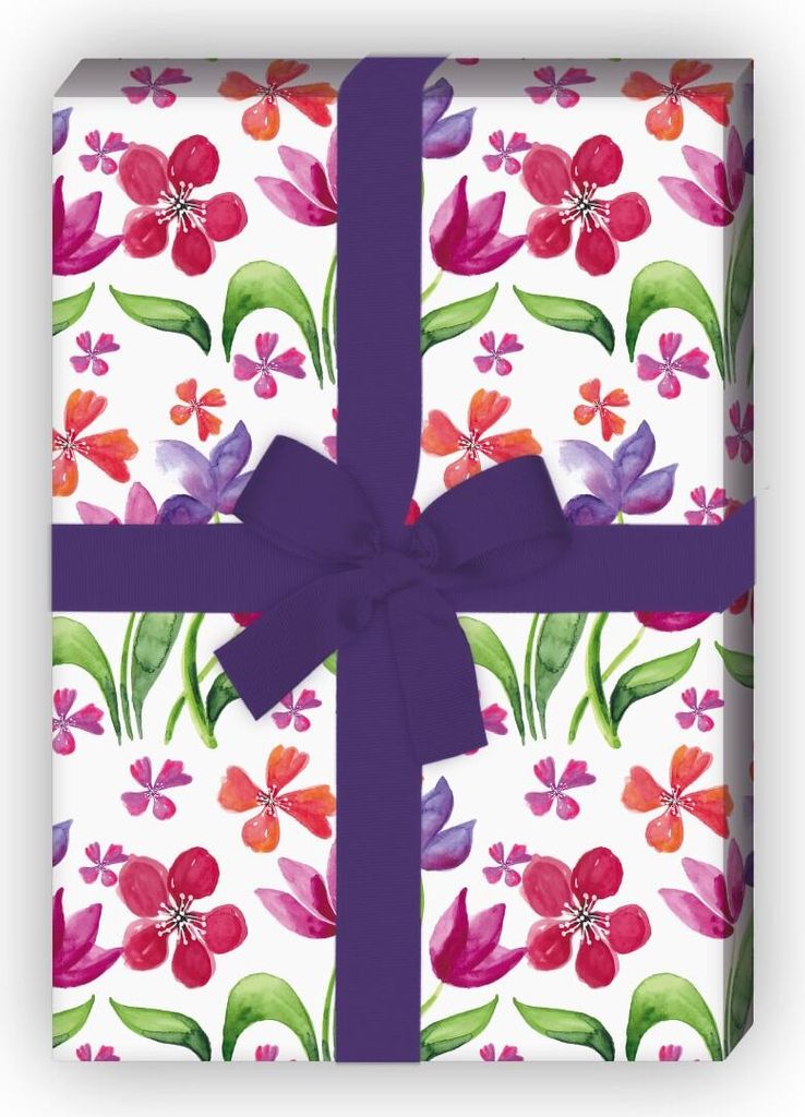Sommer Aquarell Geschenkpapier mit Beet voller Blumen, weiß - G8292, 32 x 48cm