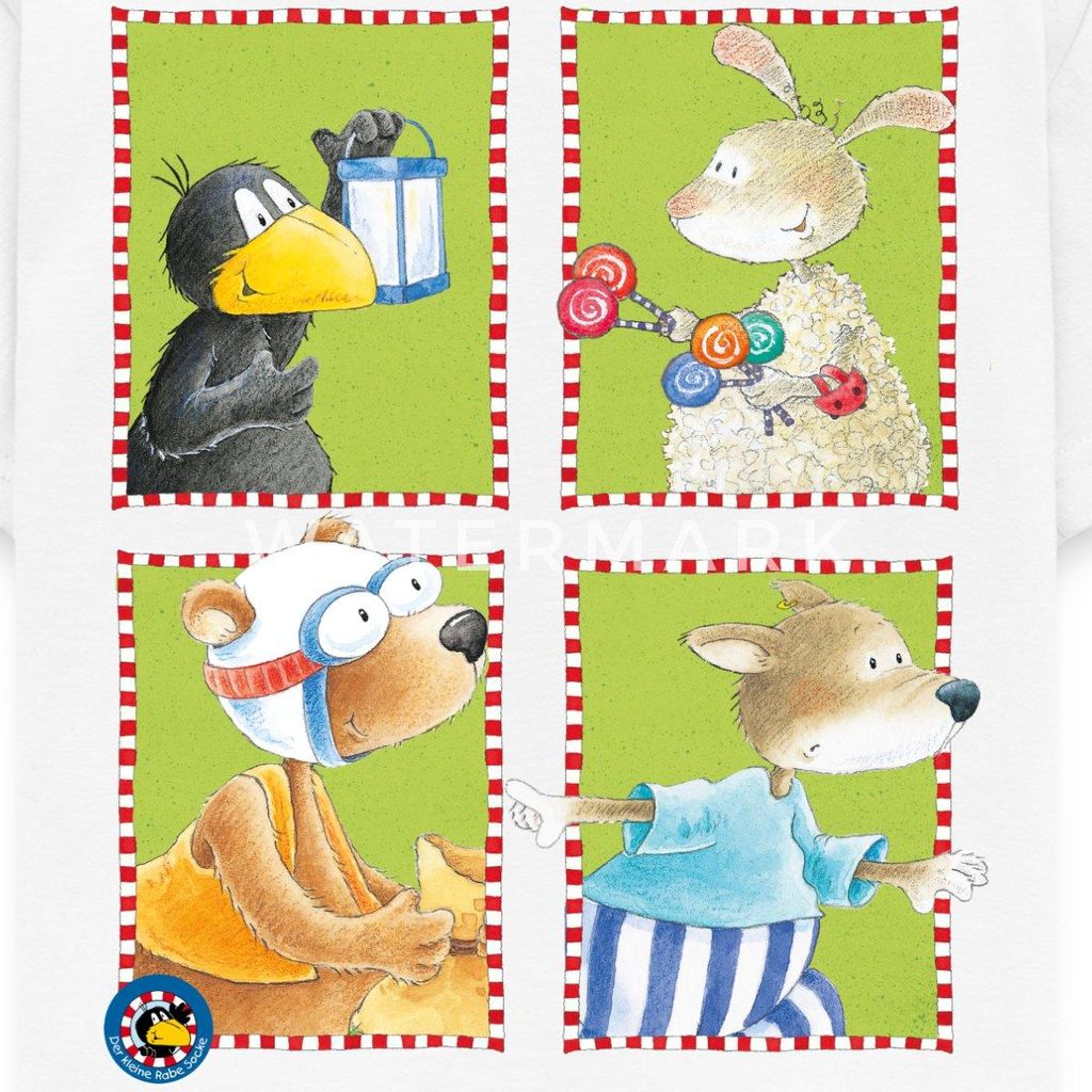 Spreadshirt Der kleine Rabe Socke mit Freunden Kachel Kinder T-Shirt, 122/128 (7-8 Jahre), Weiß