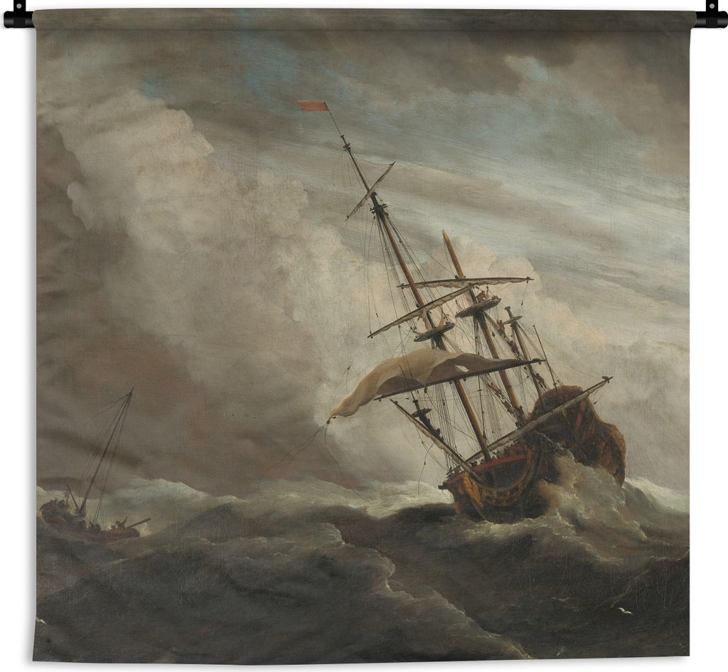 MuchoWow Wandteppich Wandbehang Ein Schiff auf offener See während eines Sturms - Gemälde von Willem van de Velde 120x120 cm Tapisserie Dekorat...