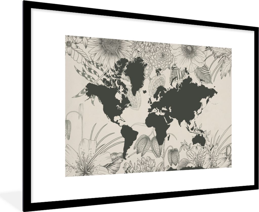 MuchoWow MuchoWow Gerahmtes Poster Weltkarte - Blumen - Grau 90x60 cm - Poster mit zchwarzem Bilderrahmen - Wanddekoration - Fotos
