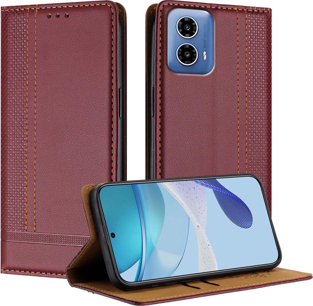 Handyhülle für Motorola Moto G34 Leder Flip Klappbare Schutzhülle mit Standfunktion Dunkelrot