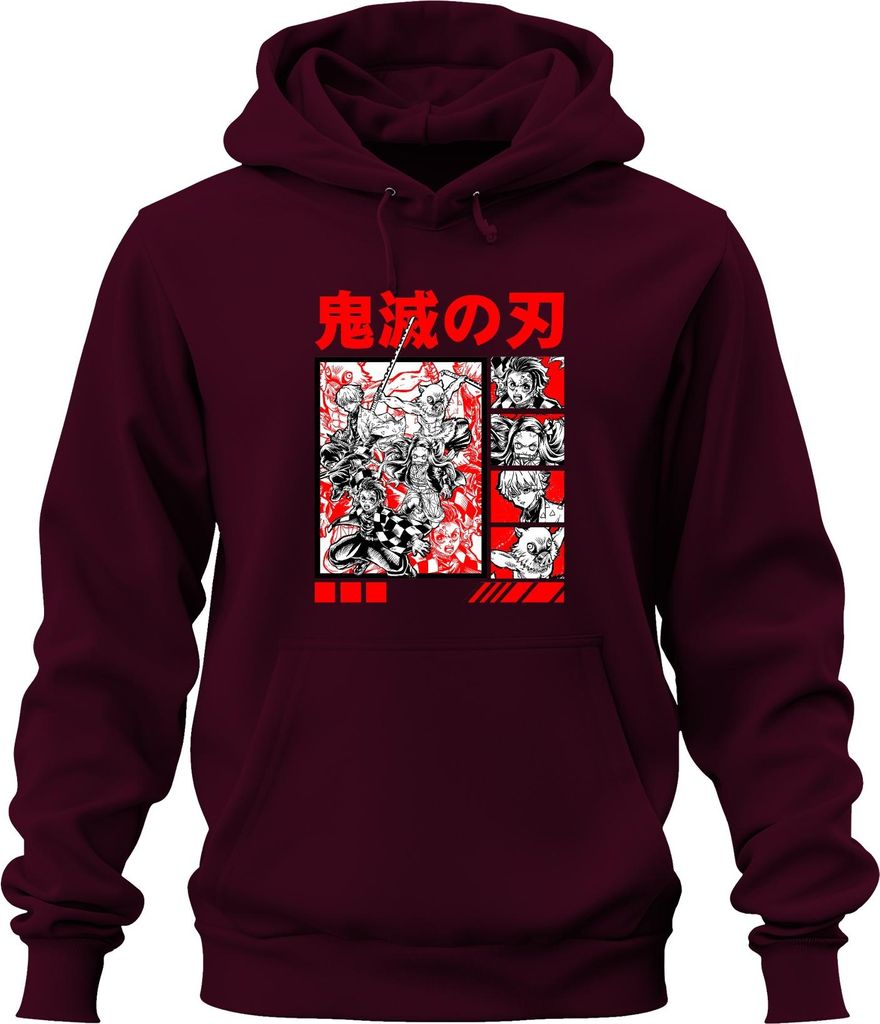 鬼滅の刃 Dämonenjäger Anime Manga Tanjiro Nezuko Inosuke Zenitsu Rot Uni Hoodie Kapuzenpullover, Burgundy, XL