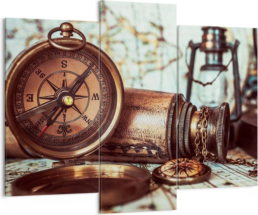 Bild auf Leinwand - Leinwandbild - Kompass Teleskop Abenteuer antik - 130x100cm - Wand Bild - Wanddeko - Leinwanddruck - Bilder - Kunstdruck - Lein...