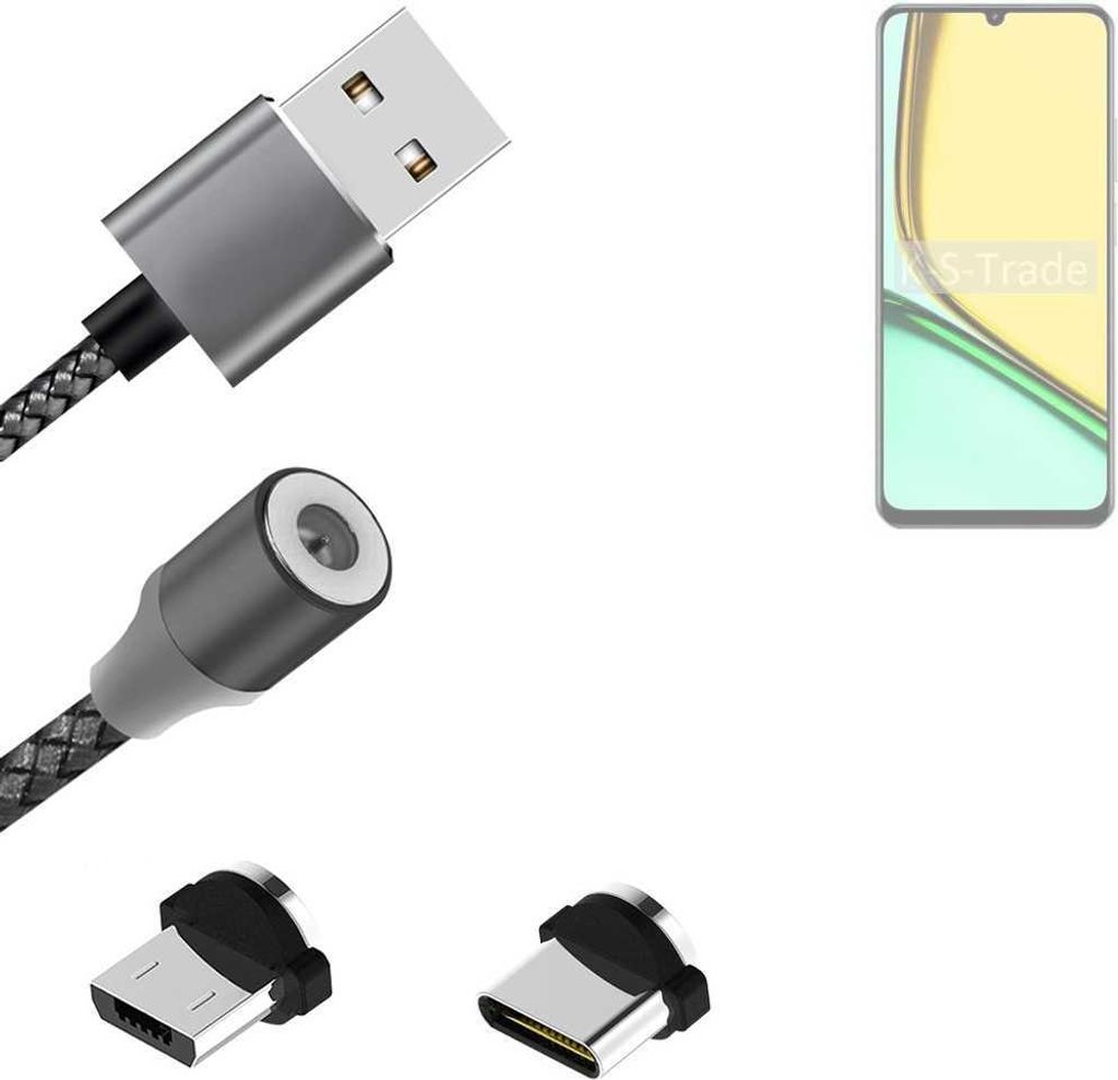 K-S-Trade Hochwertiges Magnet-Lade-kabel Sync-Kabel Daten-Kabel kompatibel mit Realme C61 Global mit USB-Typ-C-Anschluss und Micro-USB-Anschluss 2A