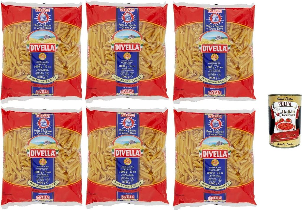 Divella Pasta 100% Italienisch Penne Mezzani Rigate 23, Nudeln aus Hartweizengrieß, Kochen 9 Minuten 6x 500g + Italian Gourmet polpa 400g