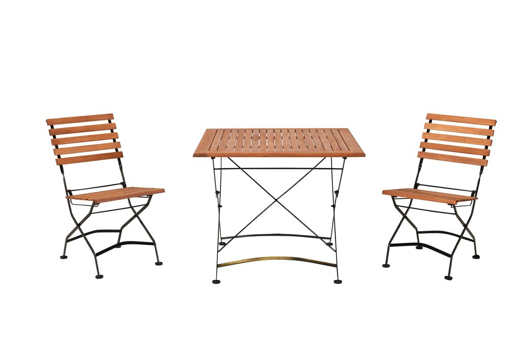 Merxx Gartenmöbelset "Schlossgarten" 3tlg., 2 Klappstühle, Klapptisch 90 x 90 cm - Flachstahl mit Eukalyptus