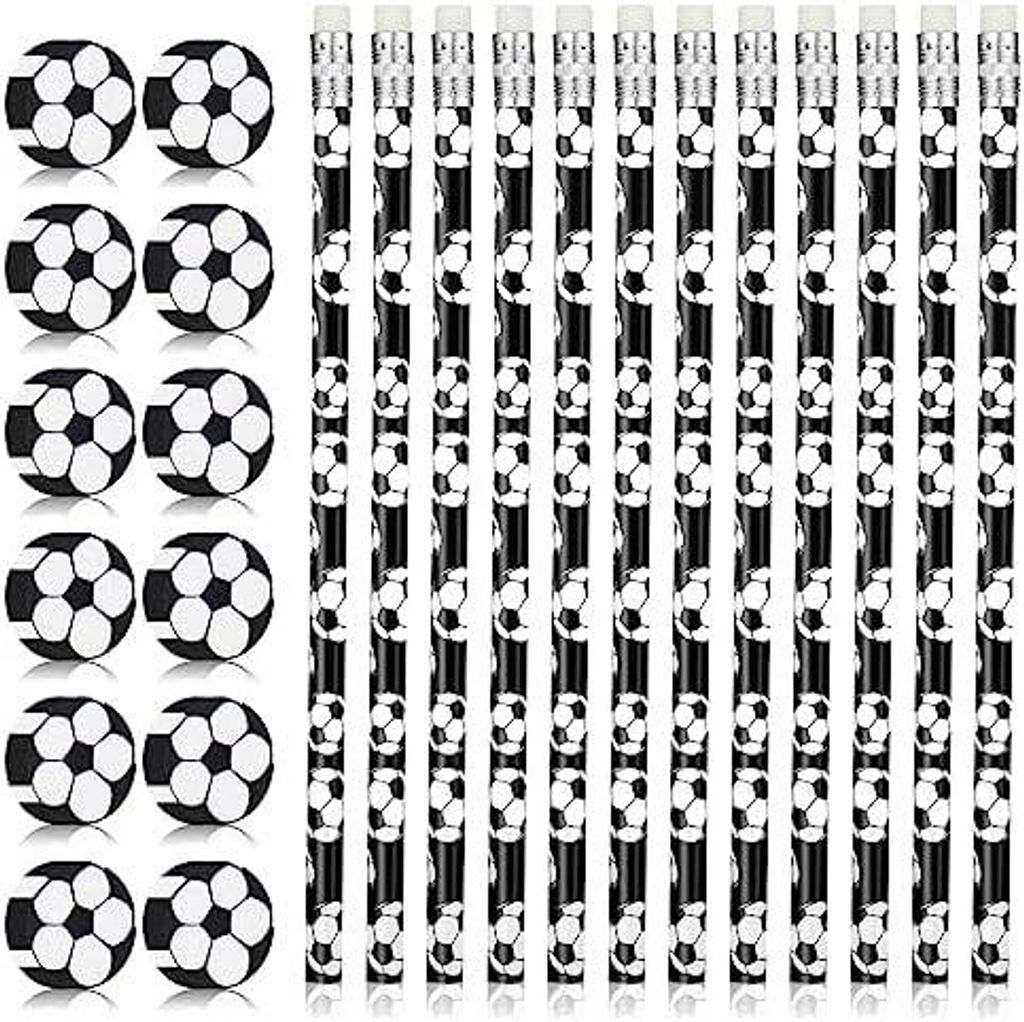 24 Stück Fußball Bleistifte mit 24 Fußball Radiergummi Bleistiftanzug, Fußball Mitgebsel Bleistifte für Schule Schrein Kindergeburtstag Gastge...