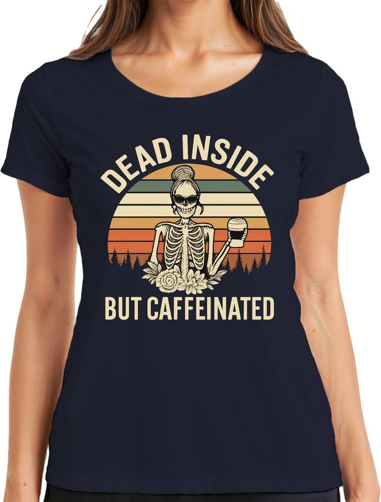Dead Inside But Caffeinated Kaffee Skelett Gothic Halloween Retro Damen T-Shirt, Navy, XL