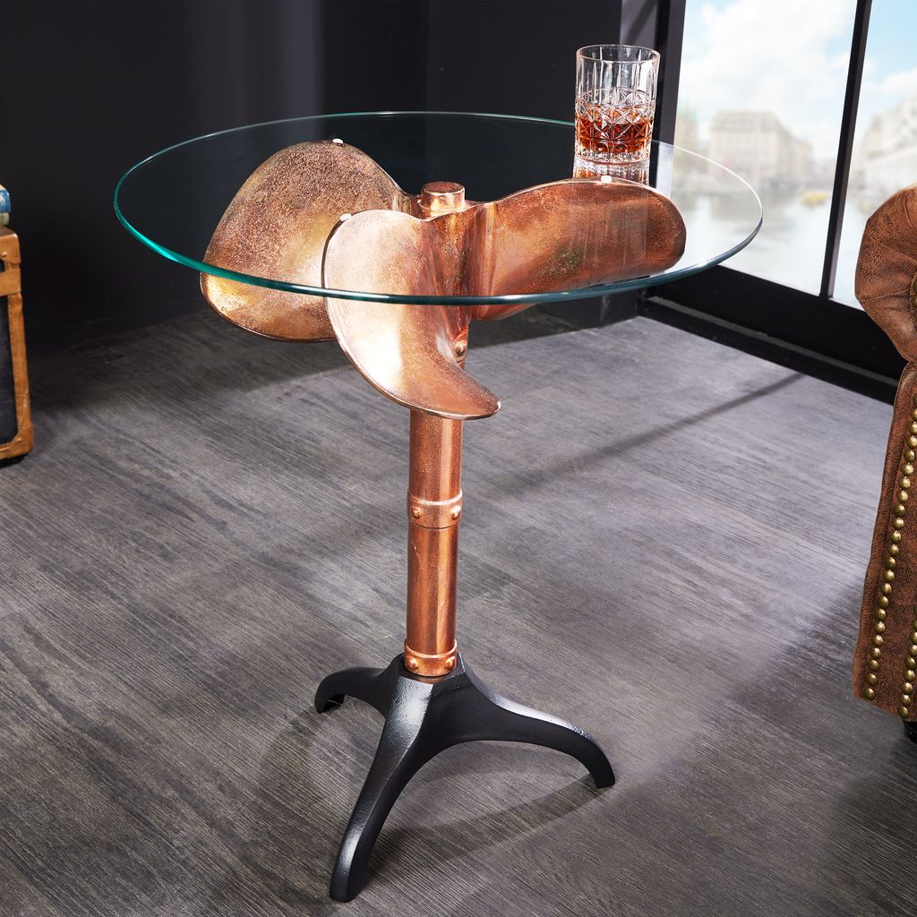 riess-ambiente Handgefertigter Beistelltisch OCEAN 75cm kupfer schwarz Glasplatte rund Metall maritim Couchtisch Tisch