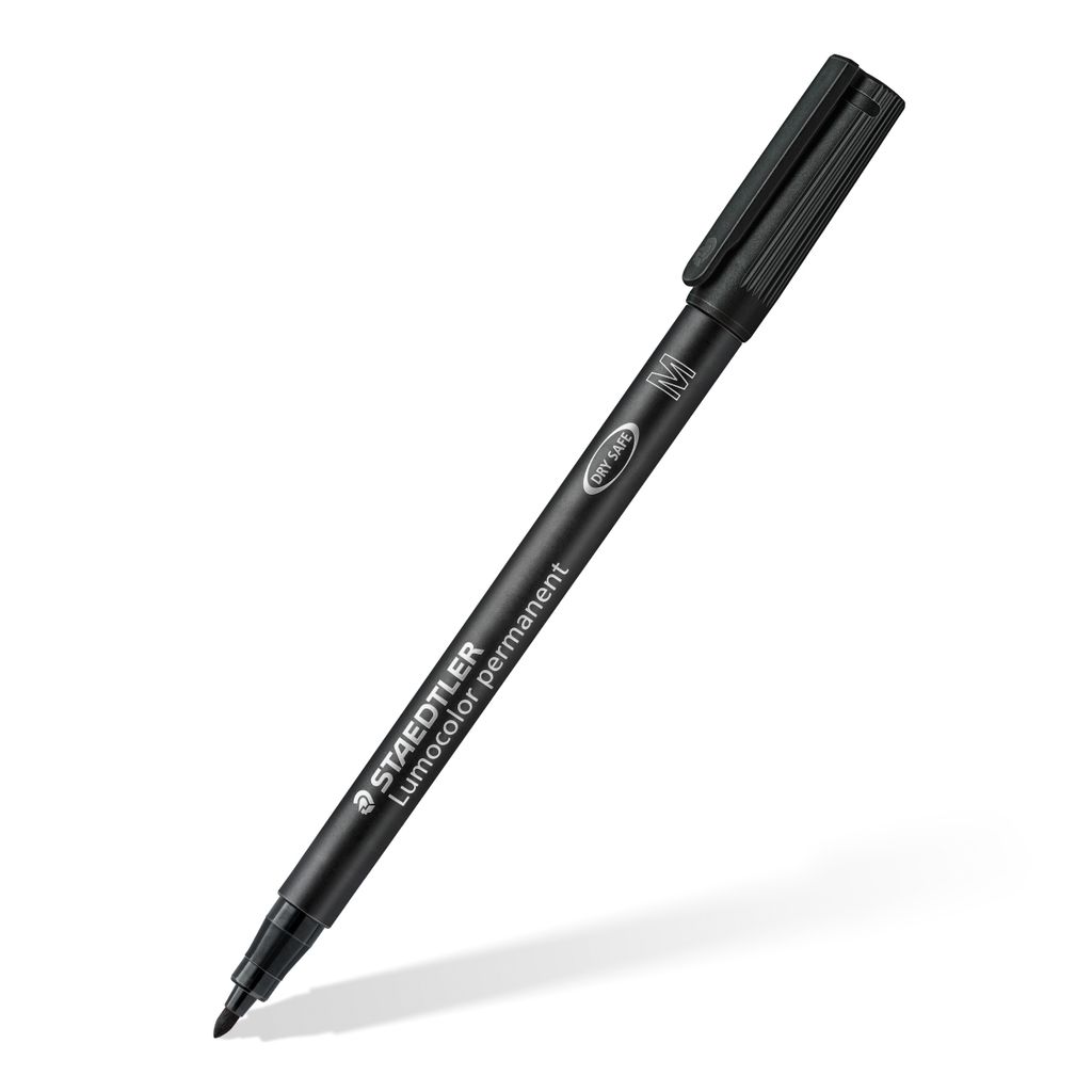 A black Staedtler Lumocolor permanent marker is shown against a white background.