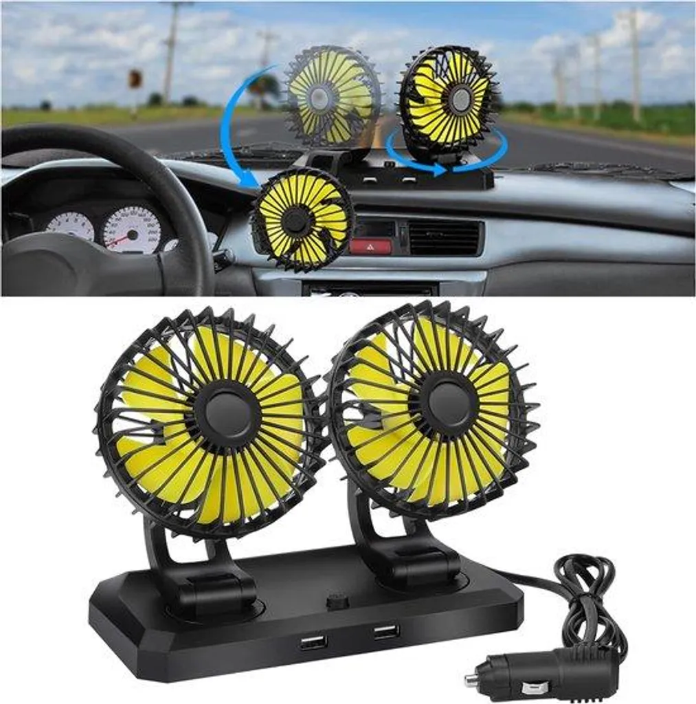Ventilateur de voiture 12V double tête rotative 360° pour SUV et bateau