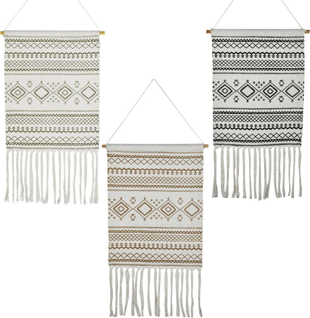 Marrakesch 3er Set Boho Wandbehang Calegora 45x85 cm | Wandteppich Deko Makramee Beige Schwarz Grau | Gewebte Wanddeko für Wohnzimmer Schlafzimmer...