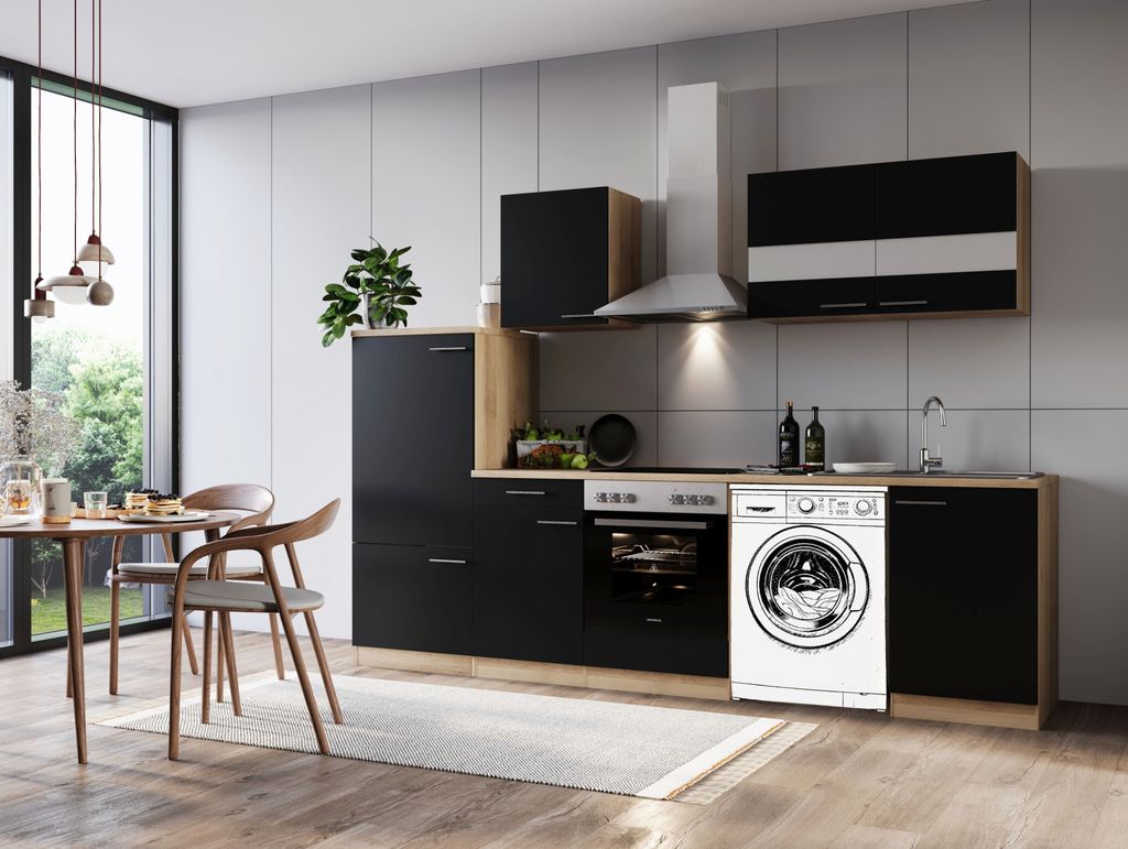 Küche Küchenzeile für Unterbau Waschmaschine Eiche Schwarz Merle 280 cm Respekta