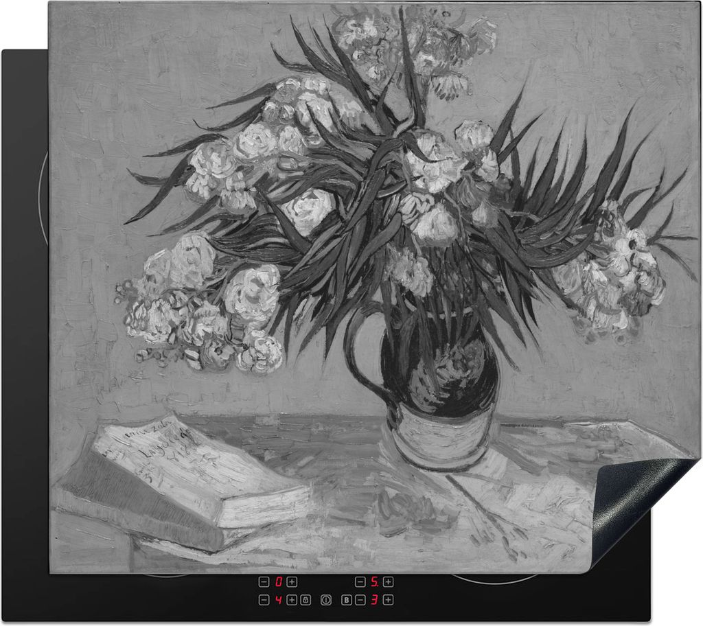 KitchenYeah Herdabdeckplatte Stilleben mit Oleander - Vincent van Gogh - Schwarz und weiß , 58x51cm, Küche Deko, Glaskeramikfeld Herdabdeckung,...