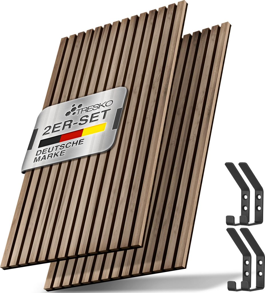 TRESKO 2 Stück Akustikpaneele Holz 120×60 cm inkl. 4x Kleiderhaken | Wandverkleidung Eiche Natur als 3D Lamellenwand | Holzpaneele Paneele für...