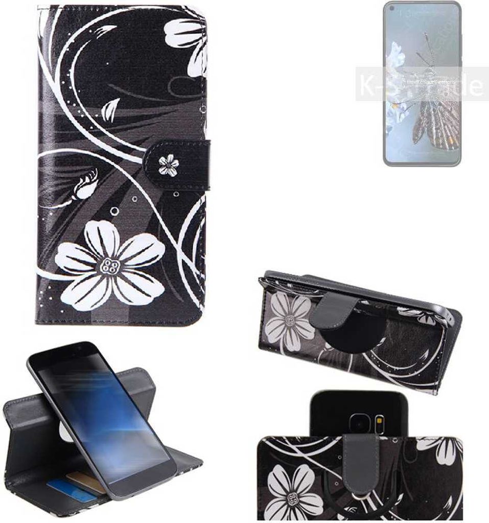 K-S-Trade Schutzhülle Handyhülle kompatibel mit HTC Desire 20 Pro Hülle 360° Wallet Case ''Flowers'' Klapphülle Hülle schwarz-weiß 1x