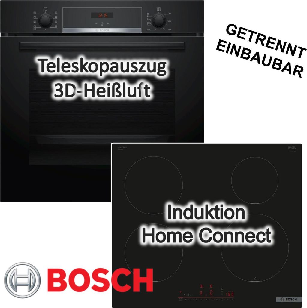 BOSCH Backofenset schwarz Einbau Backofen 71L Hydrolyse Pizzafunktion Induktionskochfeld Home Connect