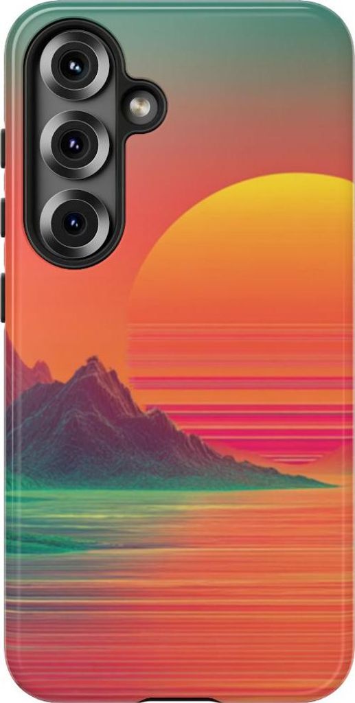 Neonfarbenes Sonnenuntergangs-Panorama mit Bergen und Meer – Hülle Kompatibel mit Samsung Galaxy S25