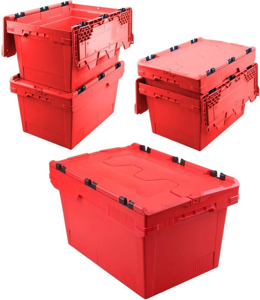 5x Klappdeckelbox/Mehrwegbox, rot, verplompbar, stapelbar, LxBxH 600 x 400 x 300 mm, 47 Liter
