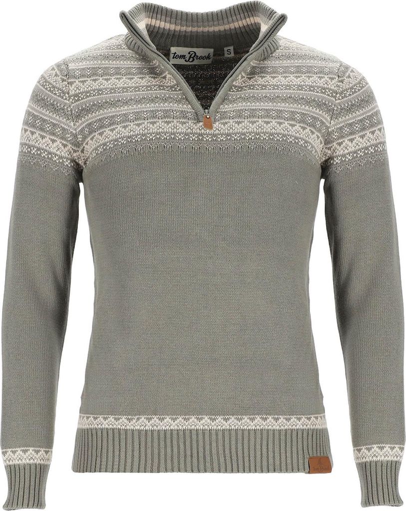 tomBrook Herren Troyer mit Norweger-Strick-Muster - Strickpullover mit Troyer-Kragen aus Baumwolle in Grau-Grün Größe XXL