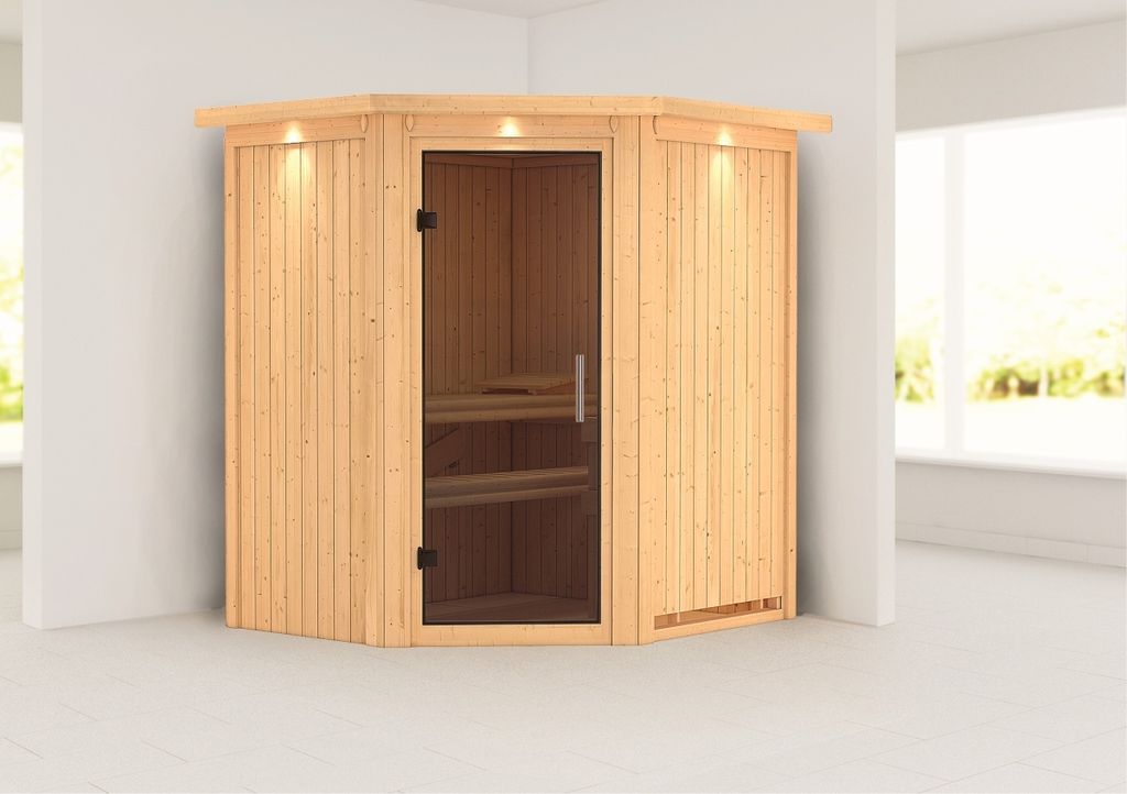 Sauna Taurin : Graphit Ganzglastür : mit Dachkranz : ohne Ofen Dachkranz: mit Dachkranz Saunaofen: ohne Ofen Saunatür: Graphit Ganzglastür