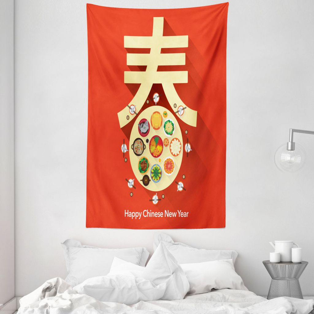 ABAKUHAUS Chinesisches Neujahr Wandteppich und Tagesdecke, Familienessen aus Weiches Mikrofaser Stoff Waschbar ohne Verblassen Digitaldruck, 140 x ...