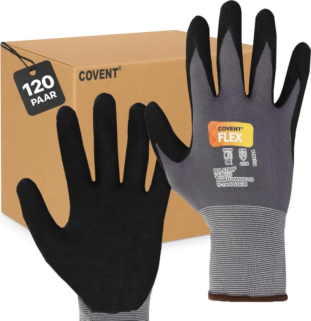 120er Set Covent FLEX Arbeitshandschuhe Herren Gr. 9 – EN388 Montagehandschuhe Kategorie II – Schutzhandschuhe für Bau, Mechanik & Handwerk