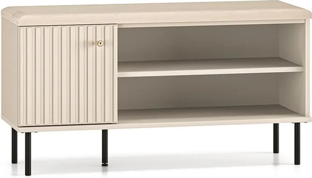 A light-colored shoe cabinet with a seat on top, featuring a fluted door and black legs, displayed against a white background.