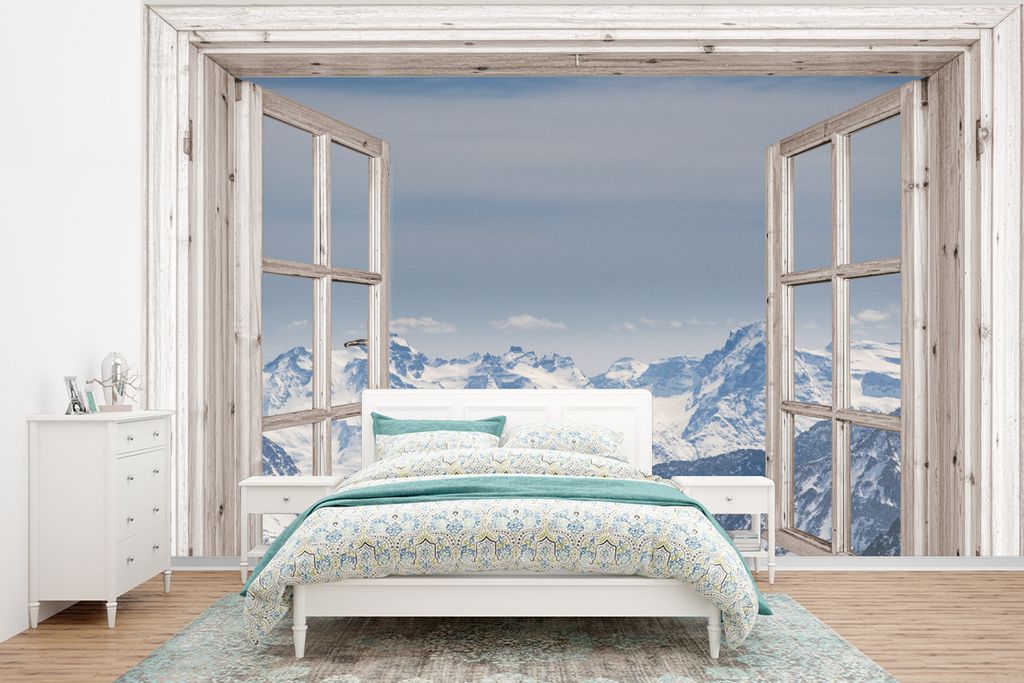 MuchoWow Fototapete für Wohnzimmer oder Schlafzimmer Wandtapete Vinyl Motivtapete Aussicht - Berg - Holz - 295x220 cm - Wand Tapete