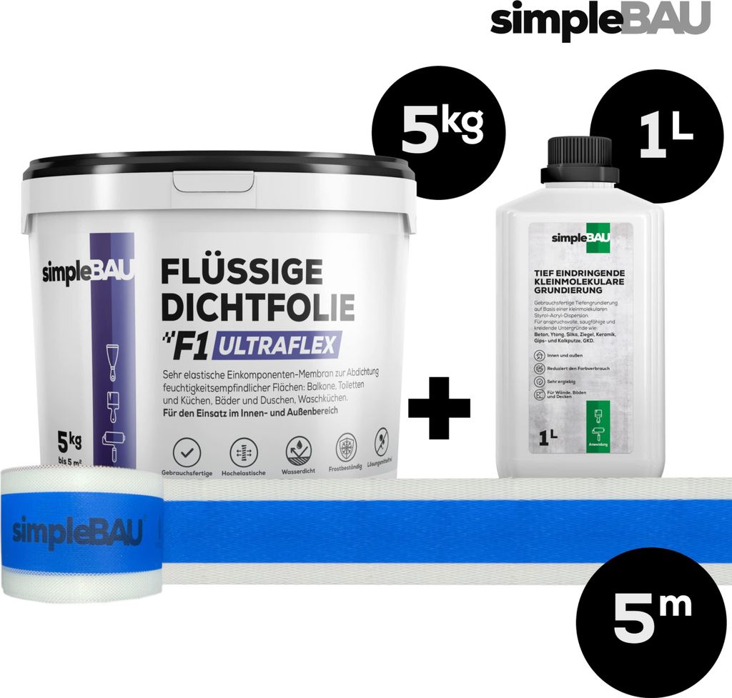 SimpleBau Flüssigfolie Dichtfolie F1 Ultraflex 5 kg + Tiefengrund 1L und Elastisches Dichtband 5M , Abdichtung für Bad, Dusche, Balkon , Wasserfest