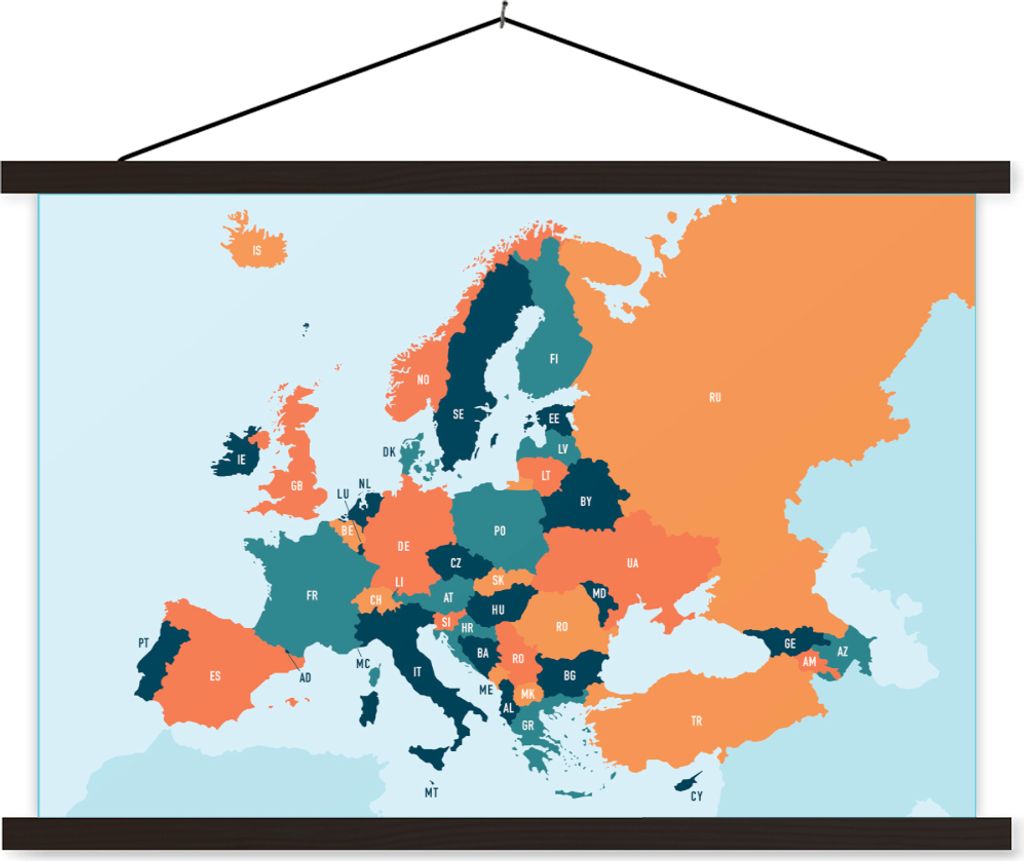 MuchoWow Textilposter Karte - Europa - Orange 90x60 cm mit schwarzem Rahmen - Aufhängungssatz