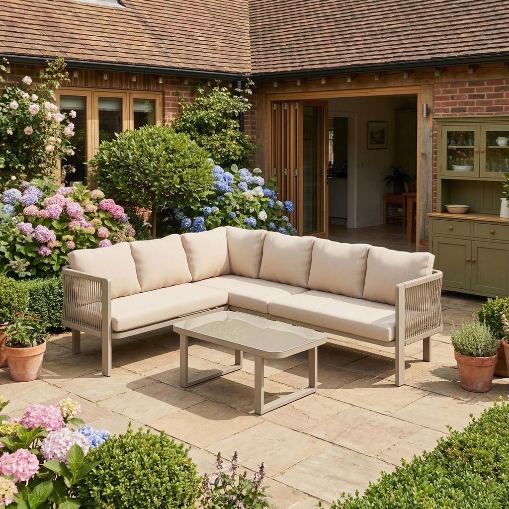 MODFU Gartenmöbel-Set Gartensofa mit Esstisch und Sofa verzinktes Stahlrohr Teslin-Seilflechten Freizeitsofa 6 Personen Eckstellung khaki