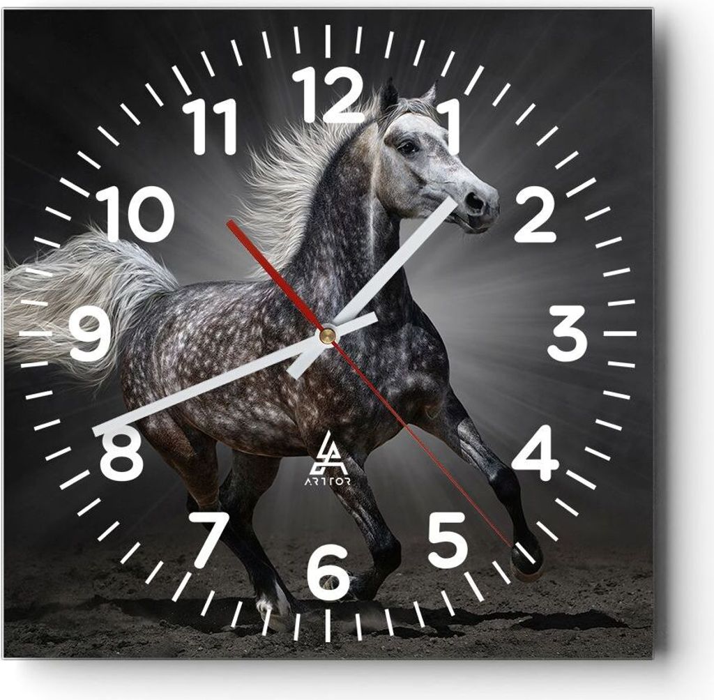 Wanduhr - Quadrat - Glasuhr - Pferd Tier Natur - 30x30cm - Schleichendes Uhrwerk - Lautlos - zum Aufhängen bereit - Dekoration Modern - Wanddekora...