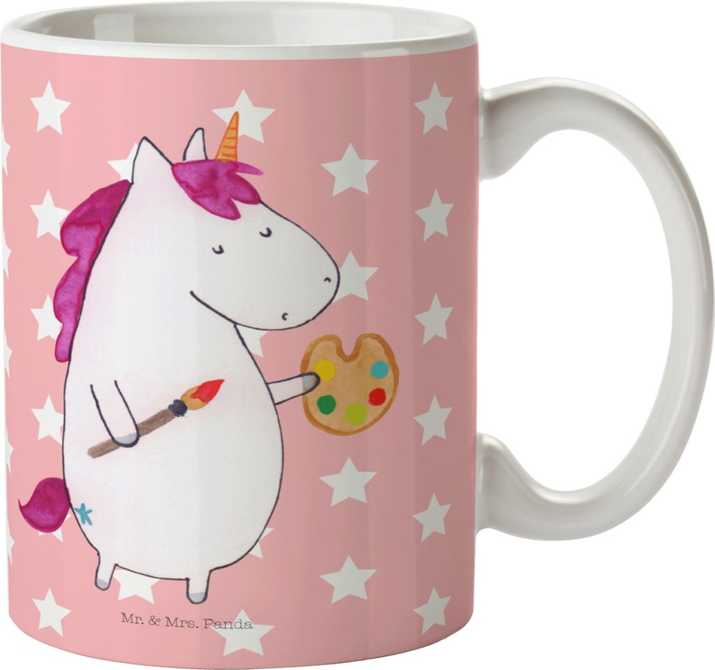 Mr. & Mrs. Panda Tasse Einhorn Künstler - Rot Pastell - Geschenk, Trinkbecher, Unicorn, Einhörner, Keramiktasse, schöne, Stift, kaffeebecher bed...
