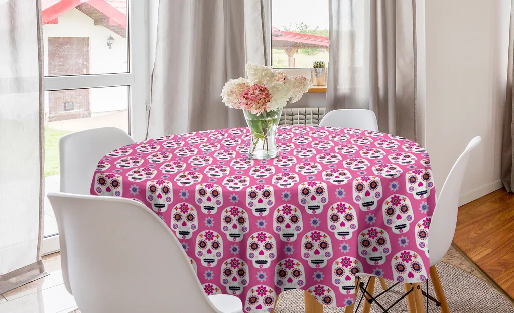 ABAKUHAUS Dia De Los Muertos Tovaglia rotonda, teschi, tovaglia circolare per sala da pranzo, decorazione per cucina, 150 cm, rosa e multicolore