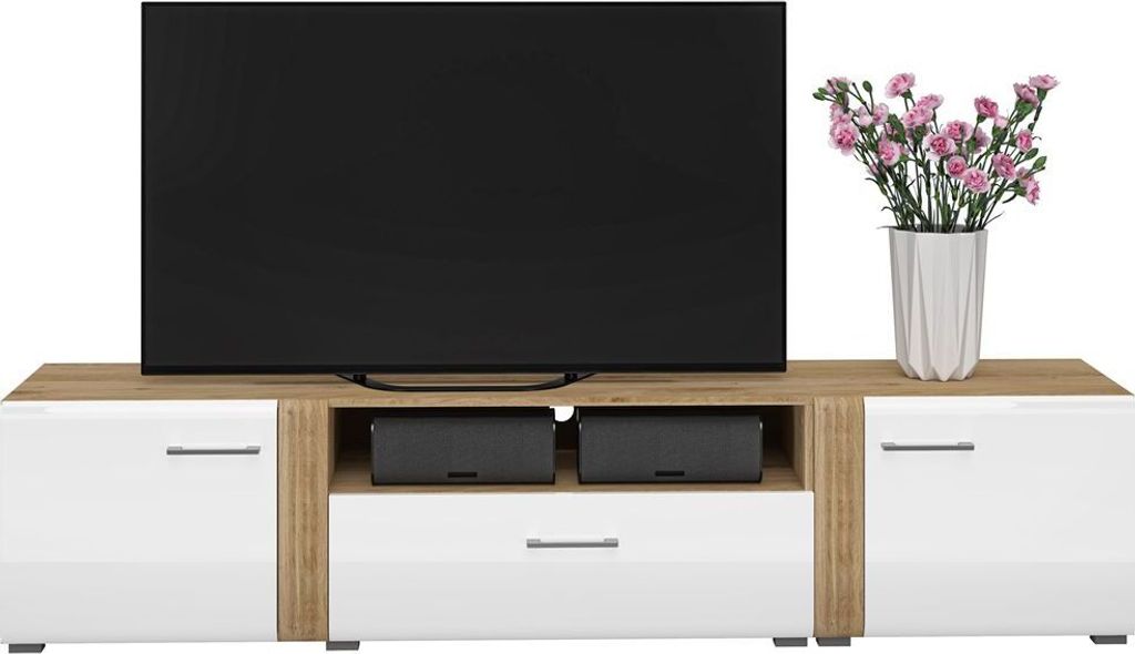 TV Lowboard 210 cm in Eiche Castello Nb. mit weiß Hochglanz AKRON-131 MDF Front mit edler Fräsung, B/H/T: ca. 210/47/42 cm