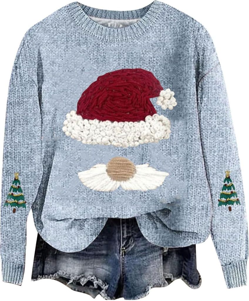ASKSA Damen Lustige Weihnachtspullover Strickpullover Winter Rundhals Pulli Christmas Sweater Langarm Oberteile Warm Weihnachtspulli,E-Blau,XL