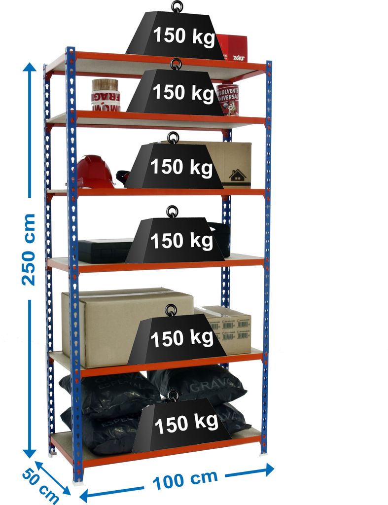 PROREGAL Schwerlastregal GIANT MULI | HxBxT 250x100x50cm | 6 Fachböden | Fachlast 150kg | Blau-Orange | Lagerregal Kellerregal Werkstattregal Meta...