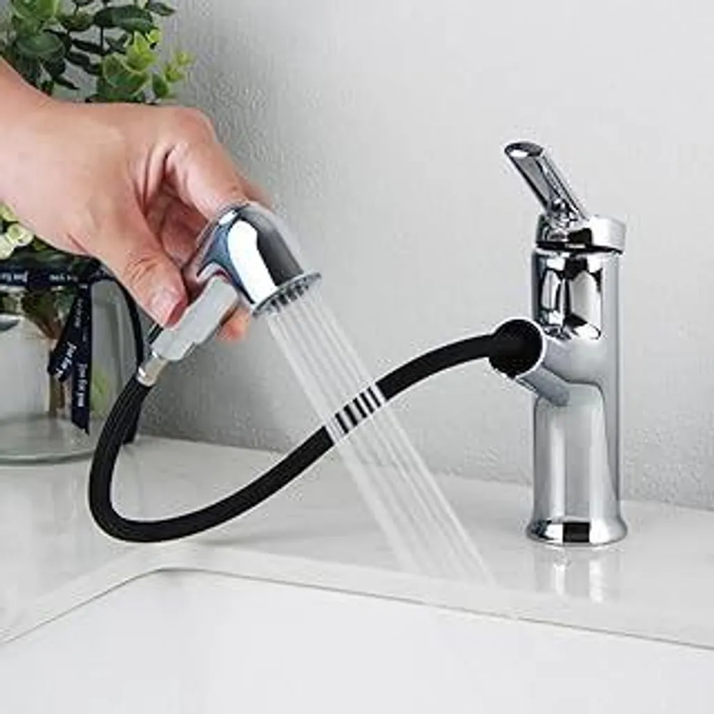 Rubinetto da bagno estraibile, SEMANEY Rubinetto per lavabo con doccetta estraibile, miscelatore lavabo 2 tipi di getto, miscelatore monocomando lavabo, cromato