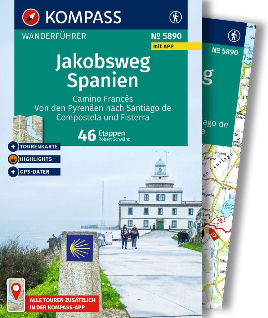 KOMPASS Wanderführer Jakobsweg Spanien, Camino Francés. Von den Pyrenäen nach Santiago de Compostela und Fisterra, 46 Etappen mit Extra-Tourenkarte