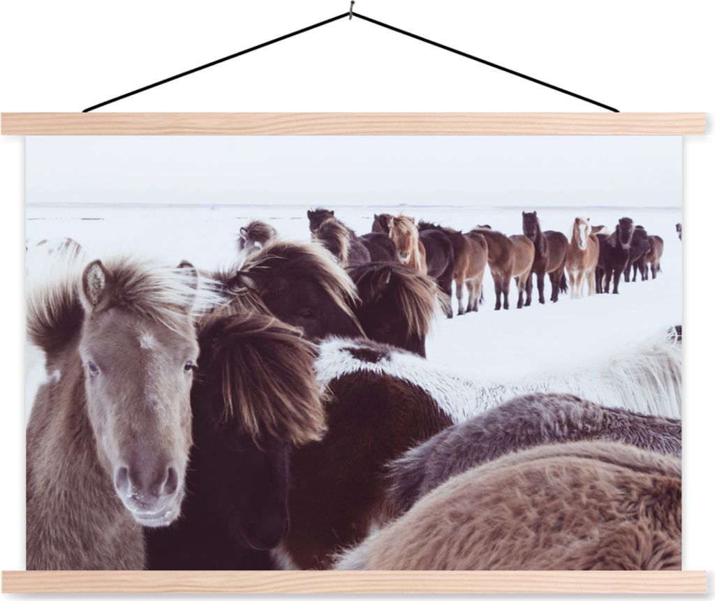 MuchoWow Textilposter Pferde - Schnee - Weiß 120x80 cm mit holzfarbenen Rahmen - Aufhängeset