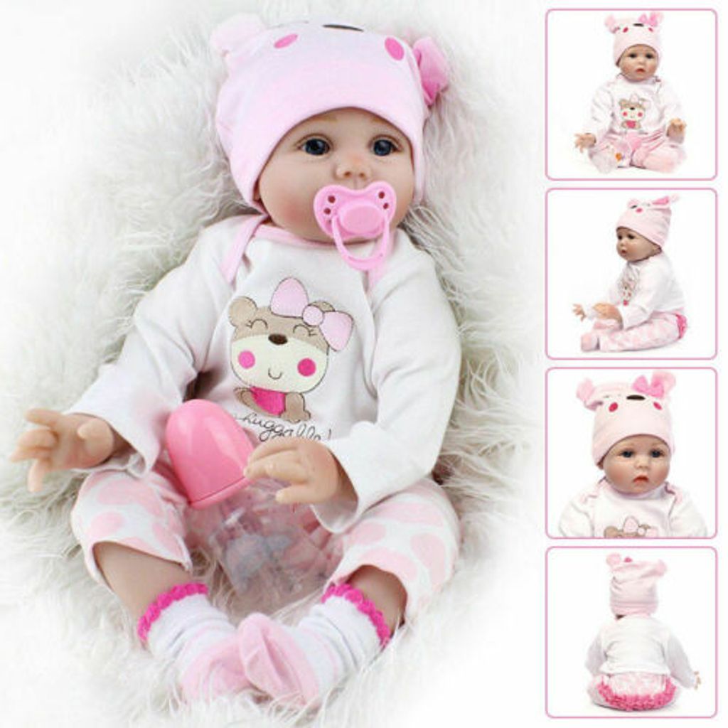 Babypuppe Yesteria Lebensecht Mädchen Silikon Puppe inkl Teddybär rosa 55 cm