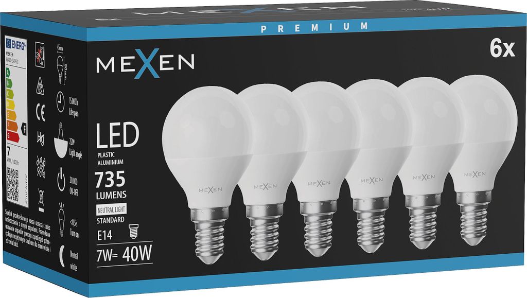 Mexen Nova 6x LED-Glühlampe E14, G45, 7W, Neutral - 4000K, Produktbild 