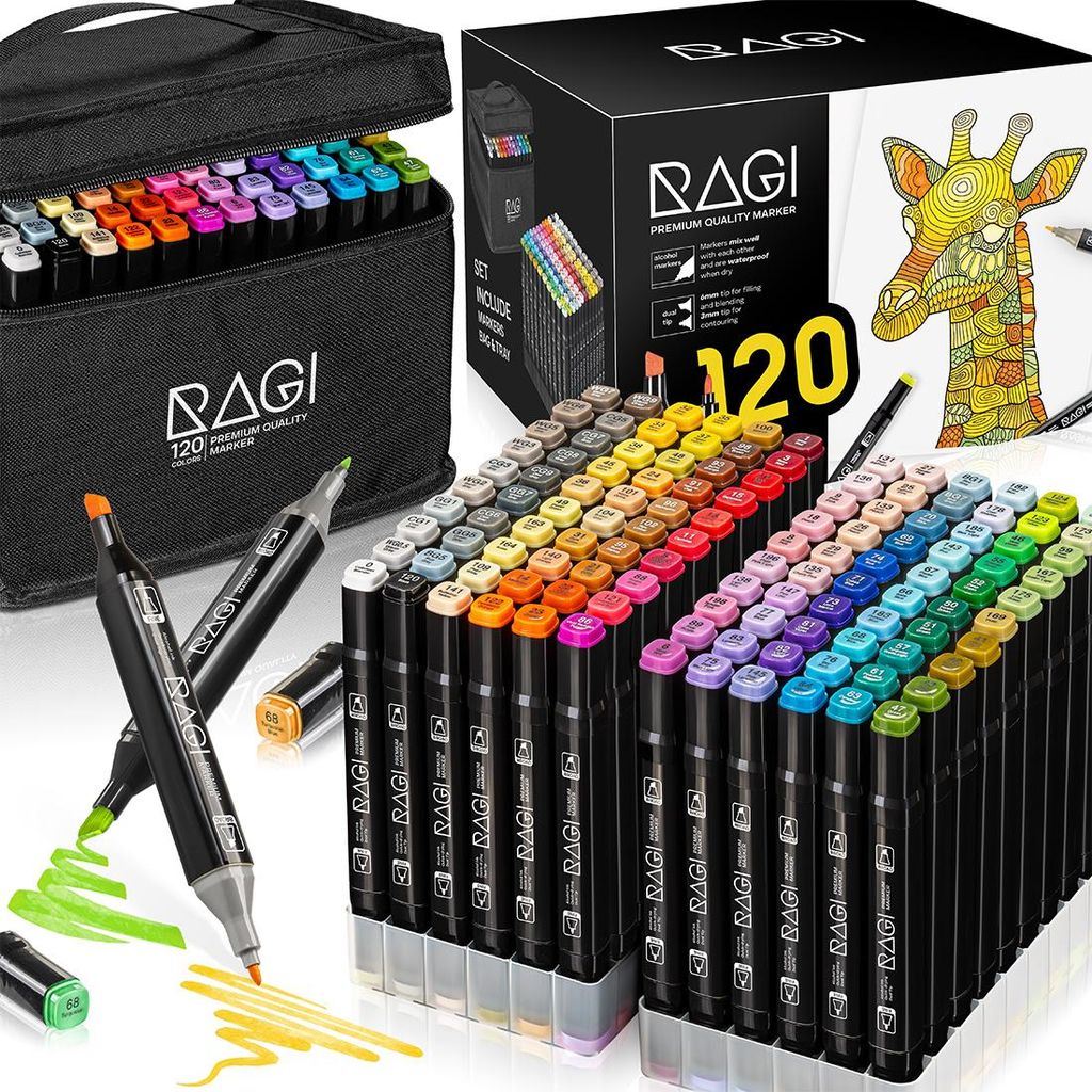 A set of 120 alcohol markers is displayed in a black carrying case and in a clear plastic stand, along with a box and a drawing of a giraffe.