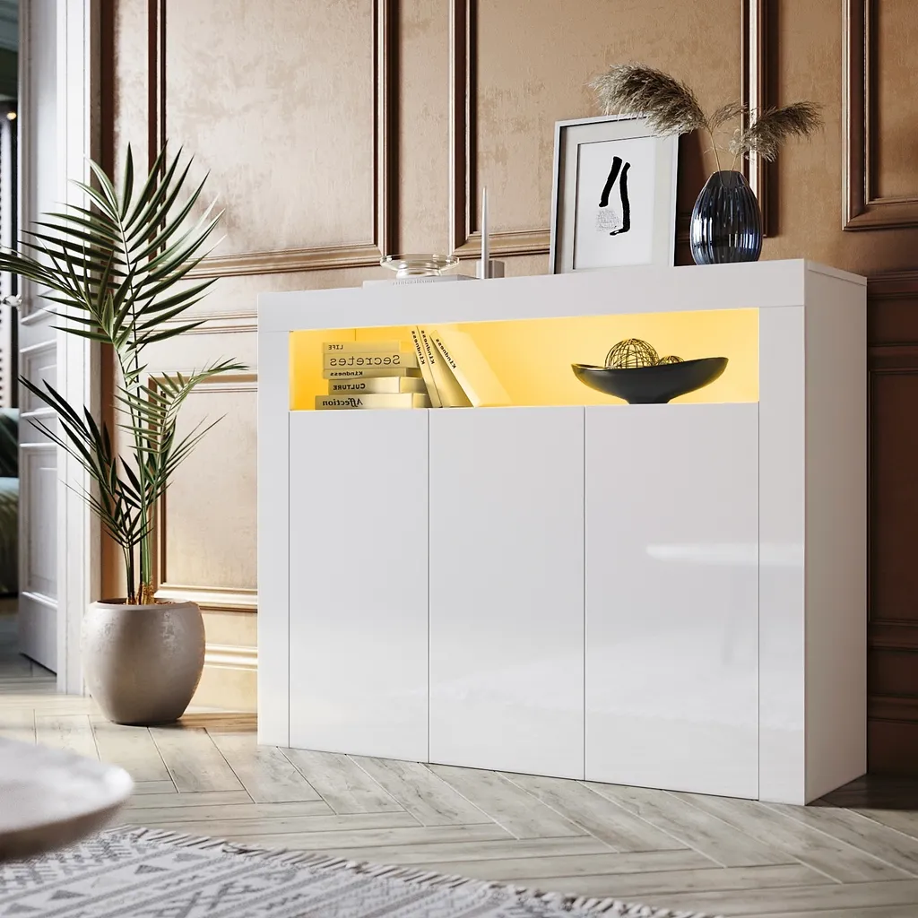 Buffet de Rangement 3 Portes Blanc Laqué avec LED pour Séjour Moderne