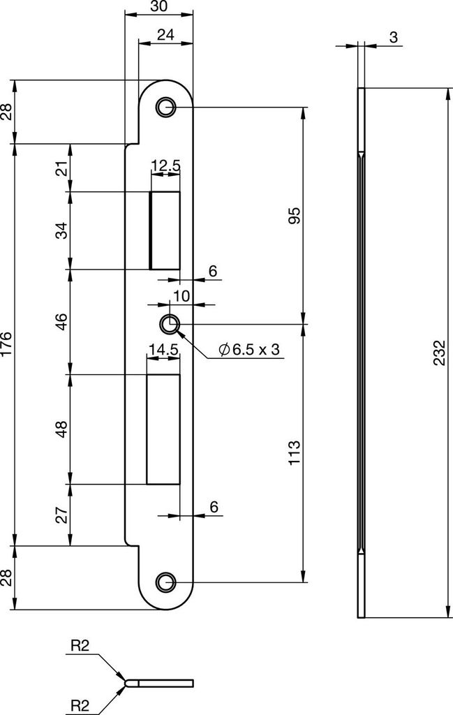 Schließblech EA 327 für Elektro-Mehrfachverriegelungsschlösser, 232x30x3 mm